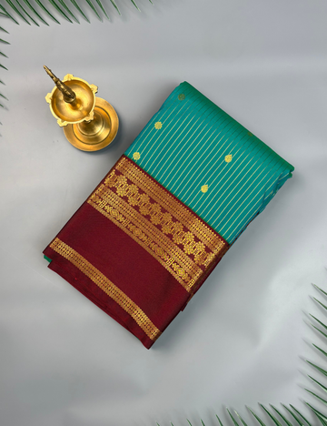 Rama green Soft Semi Silk Kanjivaram Saree with Maroon Korvai Border