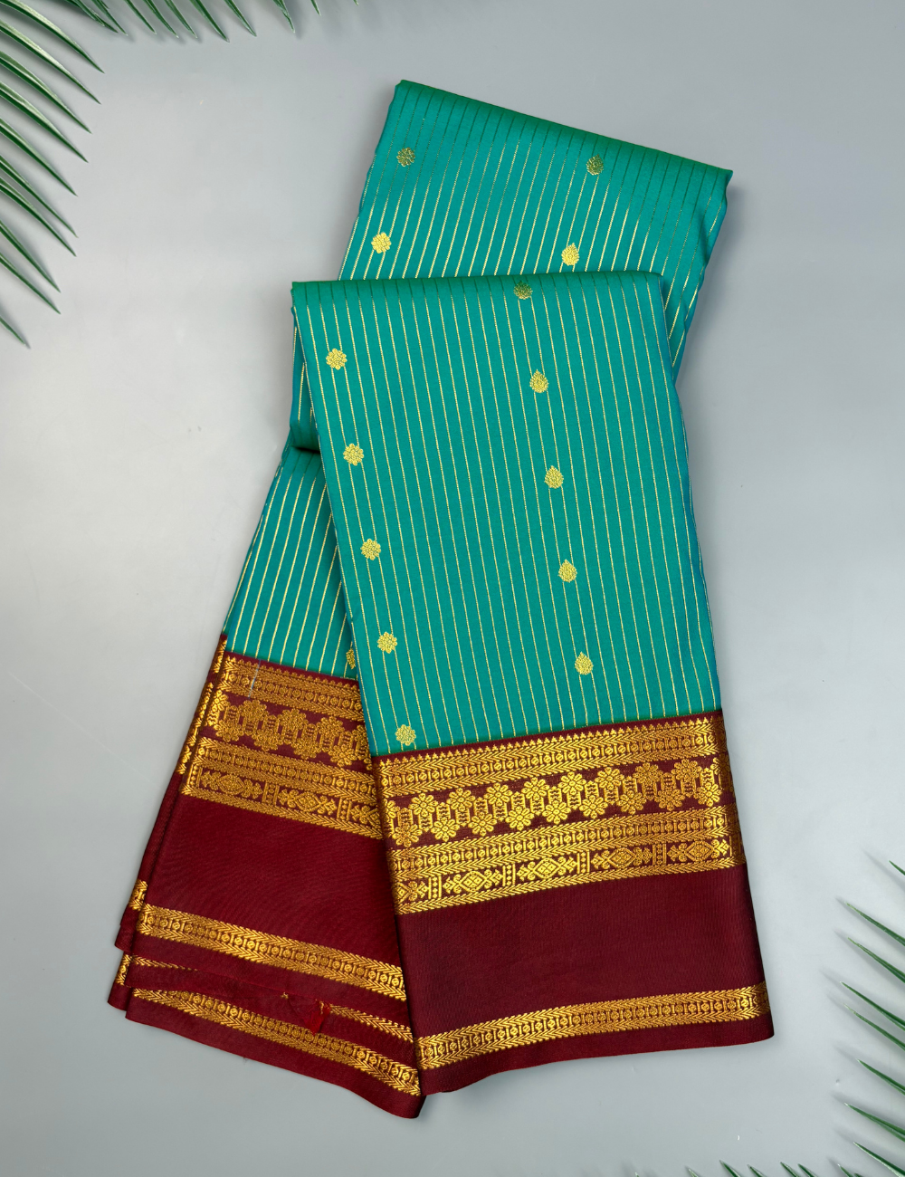 Rama green Soft Semi Silk Kanjivaram Saree with Maroon Korvai Border