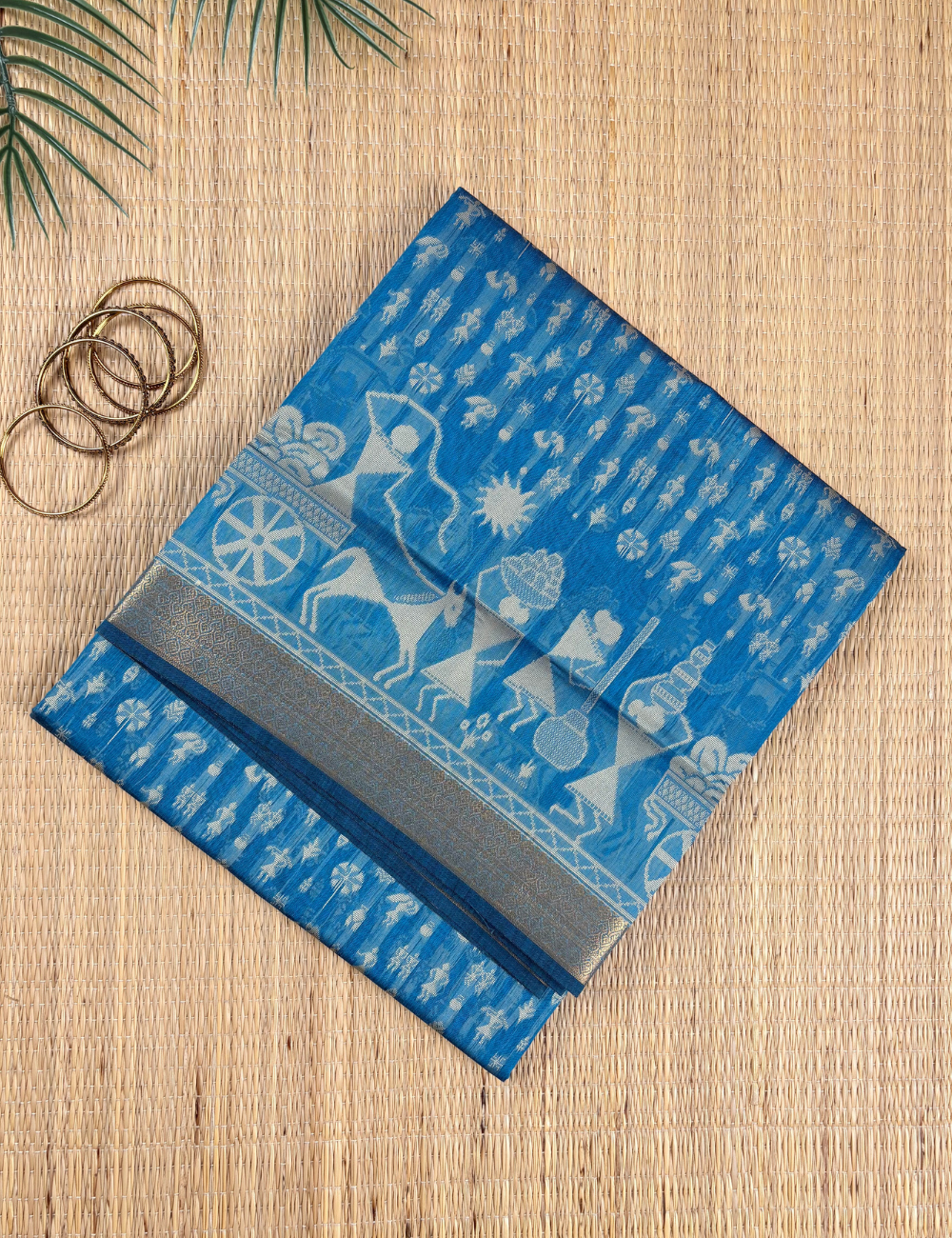 Sky Blue Folk Aranya Cotton Saree with Antique Gold Border