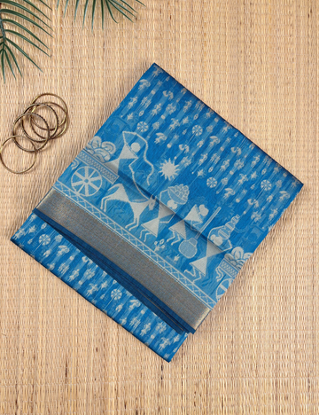Sky Blue Folk Aranya Cotton Saree with Antique Gold Border