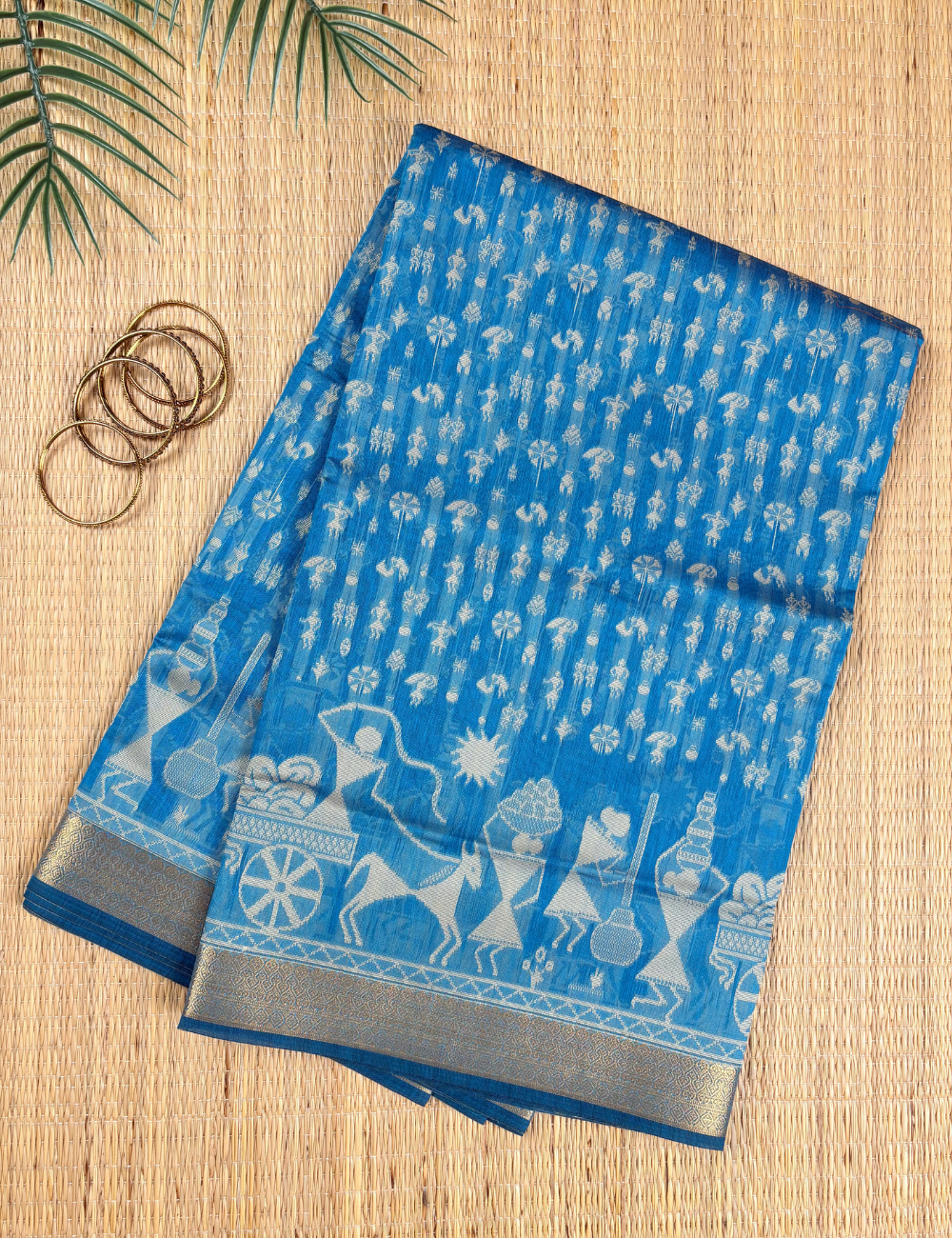 Sky Blue Folk Aranya Cotton Saree with Antique Gold Border
