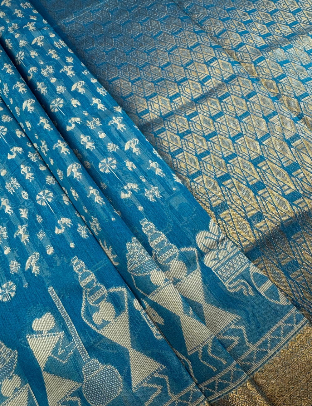 Sky Blue Folk Aranya Cotton Saree with Antique Gold Border