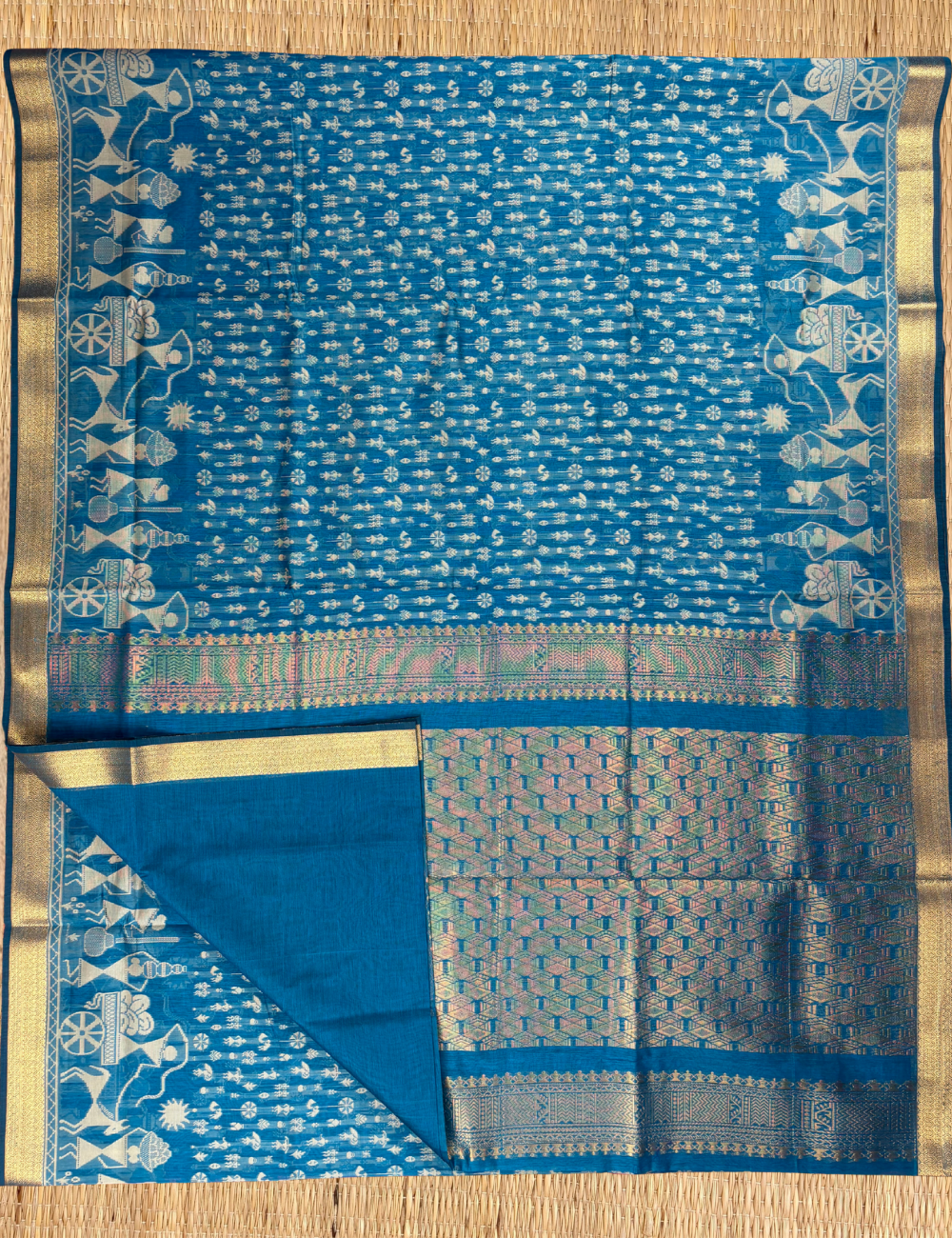 Sky Blue Folk Aranya Cotton Saree with Antique Gold Border