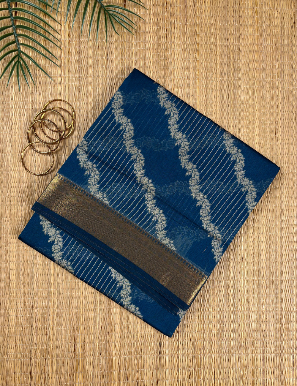 Midnight Teal Aranya Cotton Saree with Antique Gold Border