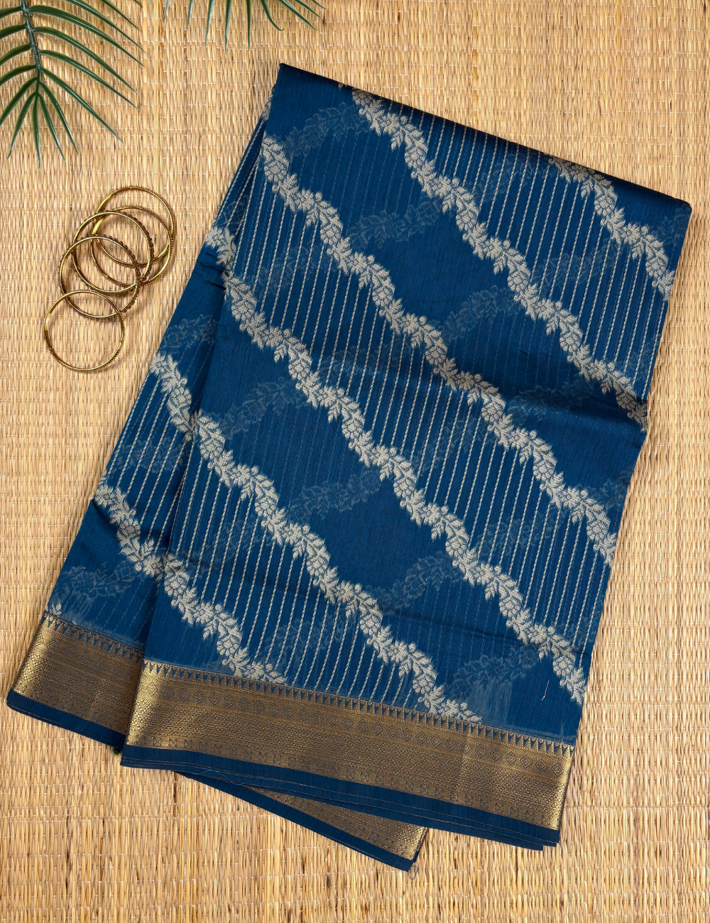 Midnight Teal Aranya Cotton Saree with Antique Gold Border