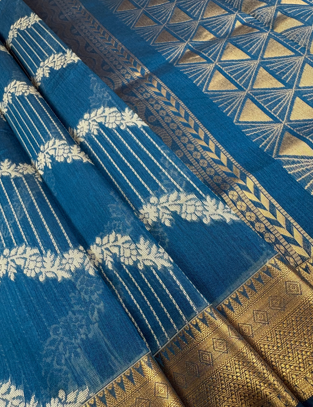 Midnight Teal Aranya Cotton Saree with Antique Gold Border