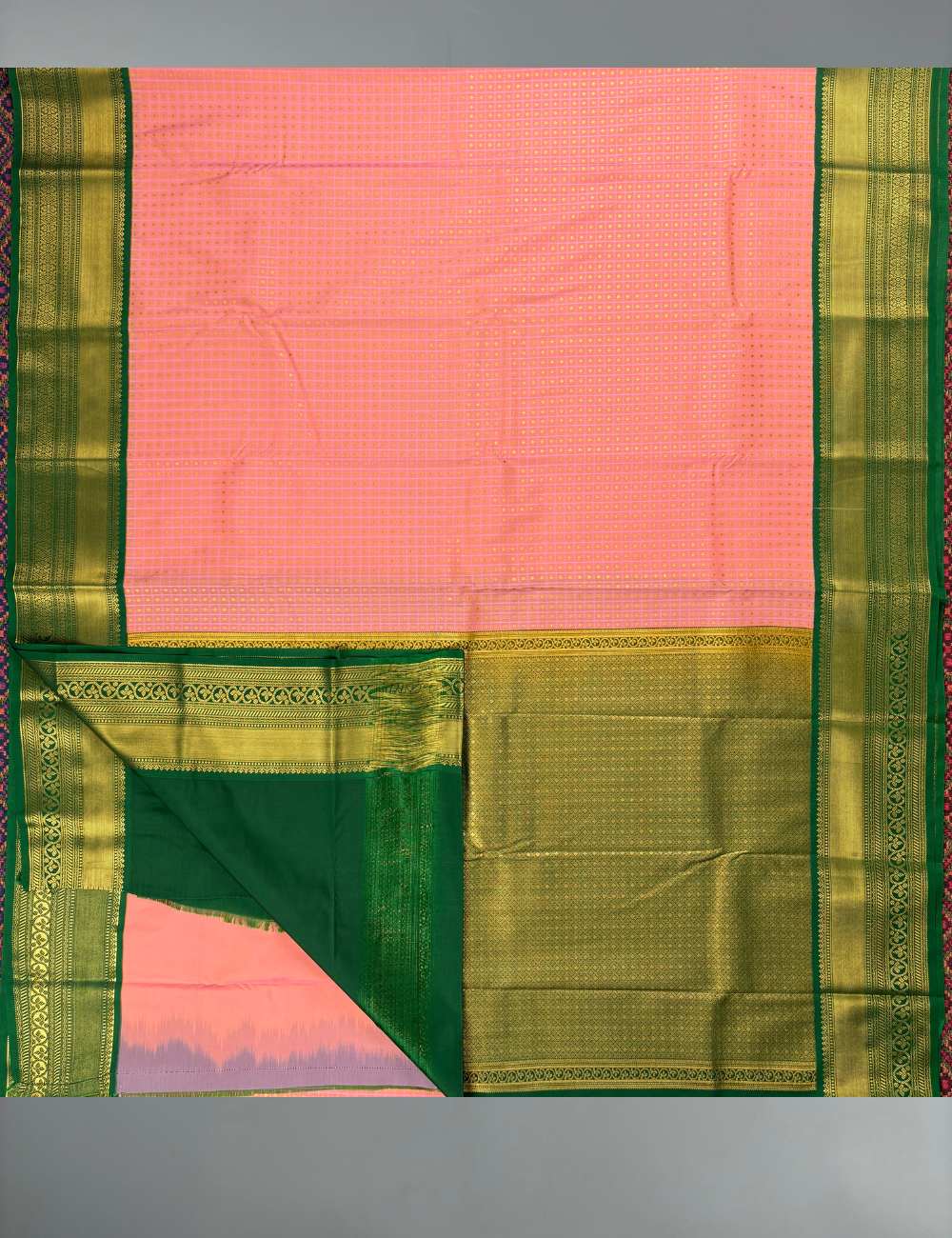 Peach Pink Soft Semi Silk Kanjivaram with Korvai Emerald Green Zari Border Saree