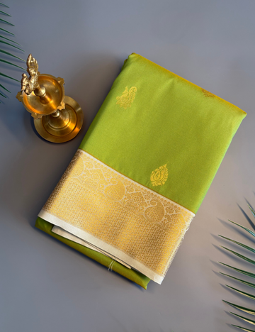 Parrot Green Soft Semi Silk Kanjivaram Saree with Ivory Zari Border