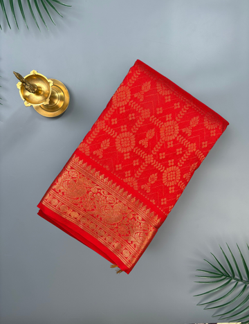 Vibrant Red Kanjivaram Silk Cotton Saree with Gold Floral Zari Weave