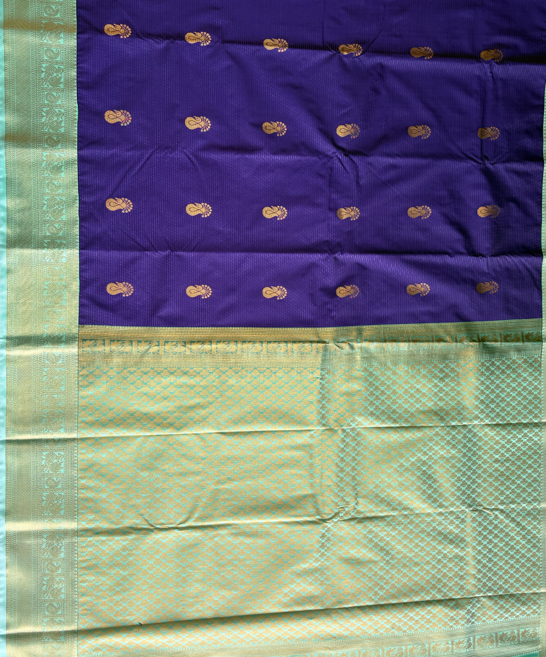 Royal Violet  Kanjivaram Semi Silk Saree with Mint Green Contrast Gold Zari Border | Traditional Wedding Silk Saree