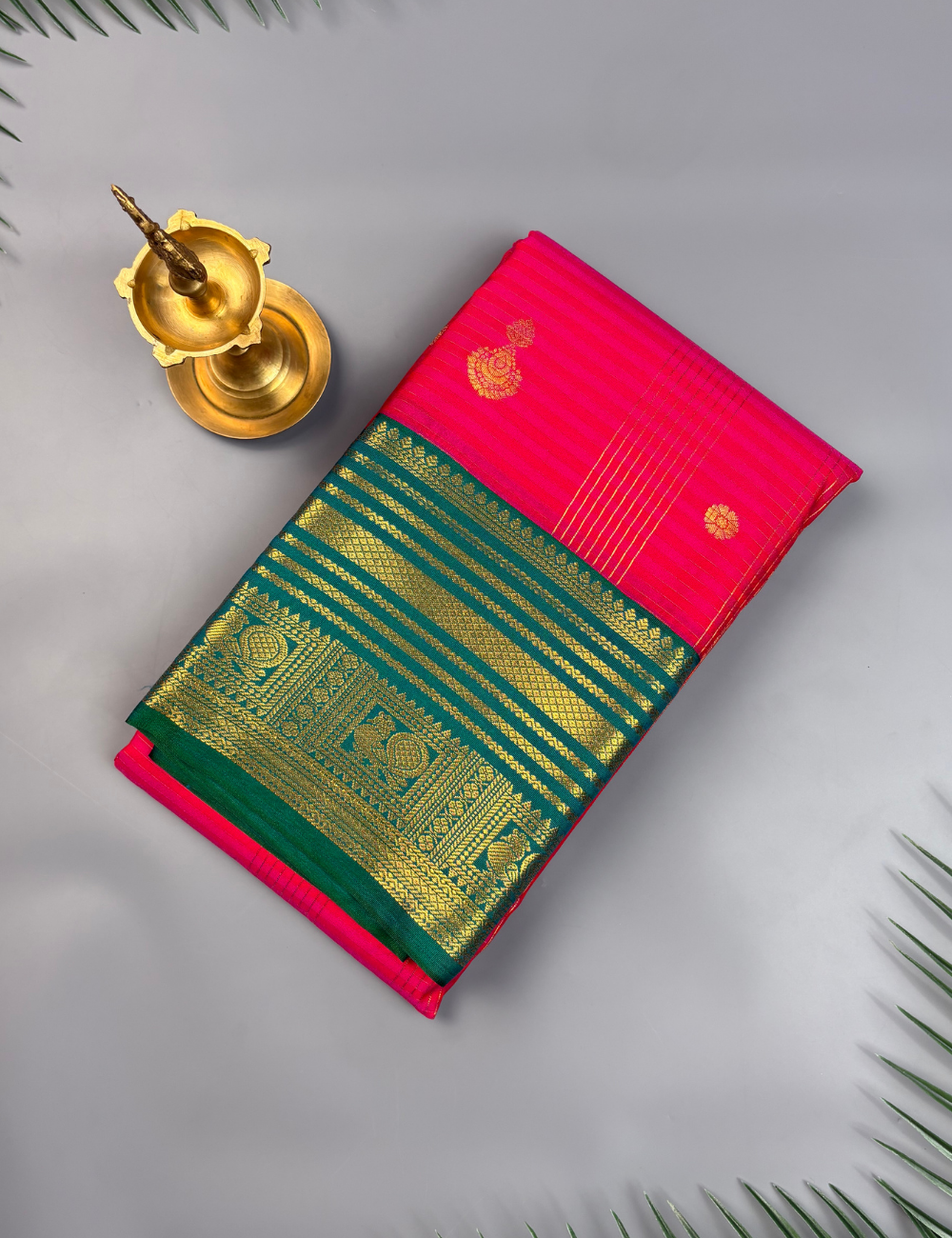 Rani Pink Soft Semi Silk Kanjivaram Saree with Korvai Emerald Green Border