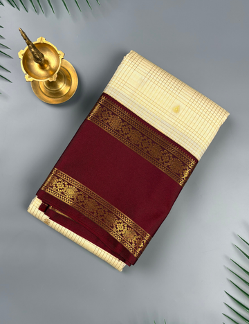 Ivory Soft Semi Silk Kanjivaram Saree with Maroon KorvaiZari Border