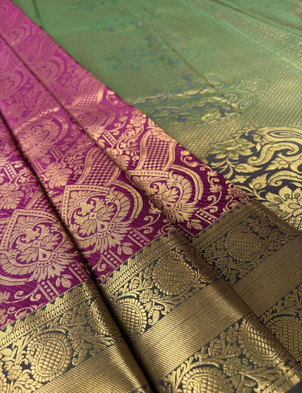 Dark Pink Brocade Lightweight Soft Semi Silk Saree with Antique Gold Zari Green Floral Border