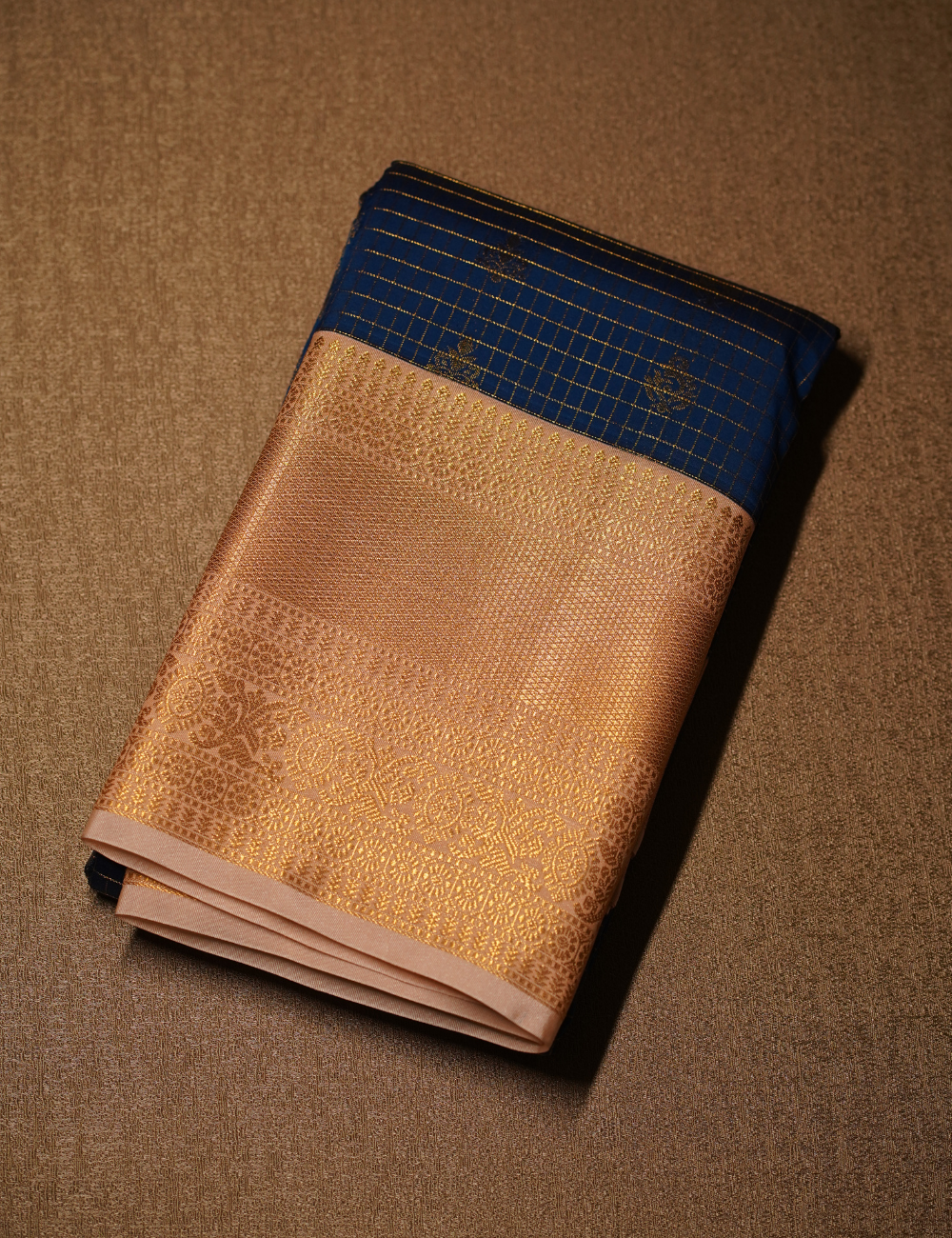 Ink Blue Checkered Soft Semi Silk Kanjivaram Saree with Cream Korvai Zari Border