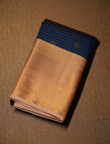 Ink Blue Checkered Soft Semi Silk Kanjivaram Saree with Cream Korvai Zari Border