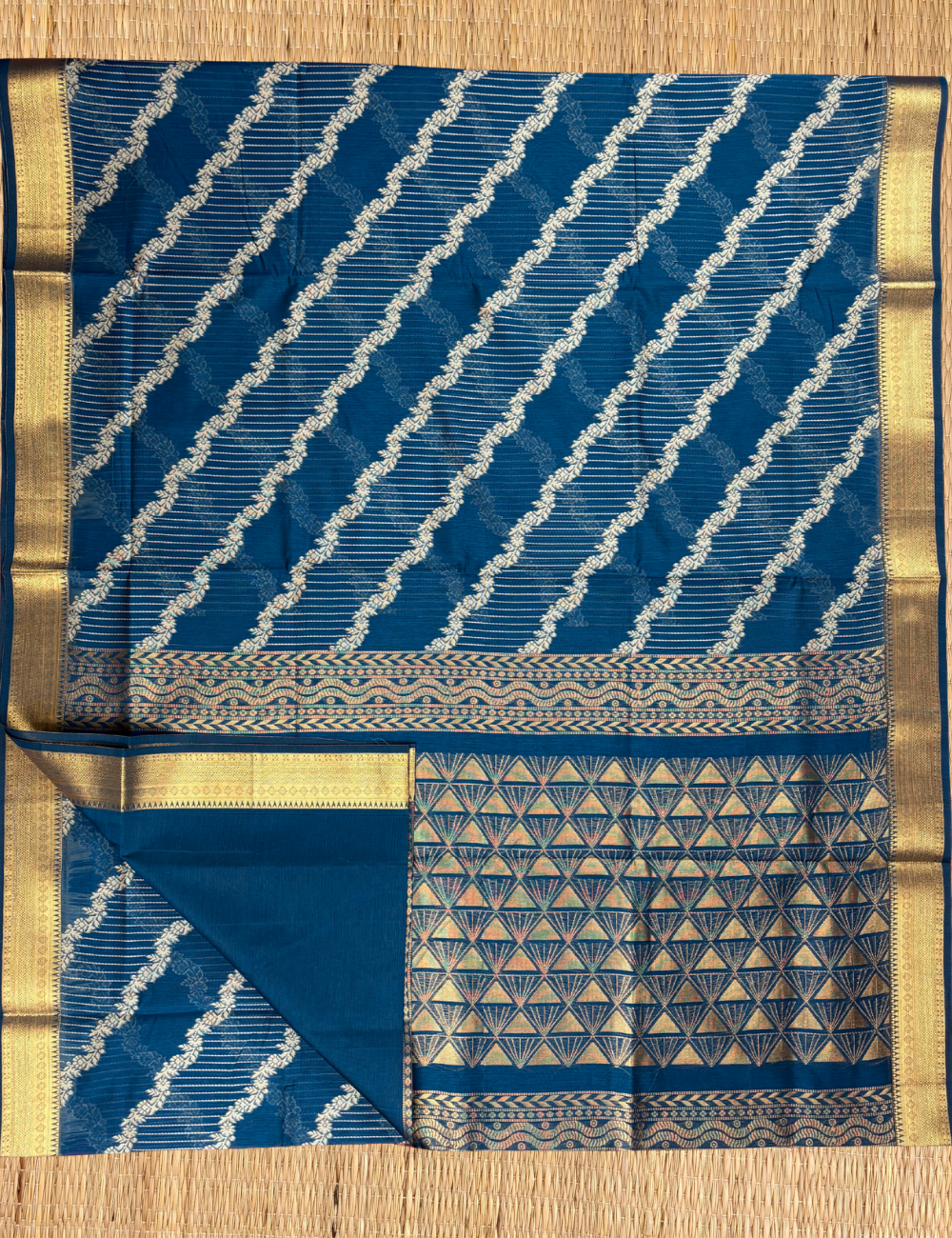 Midnight Teal Aranya Cotton Saree with Antique Gold Border