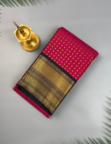 Deep Magenta Soft Kanjivaram Semi Silk Saree with Contrast Dark Navy Korvai Zari Border