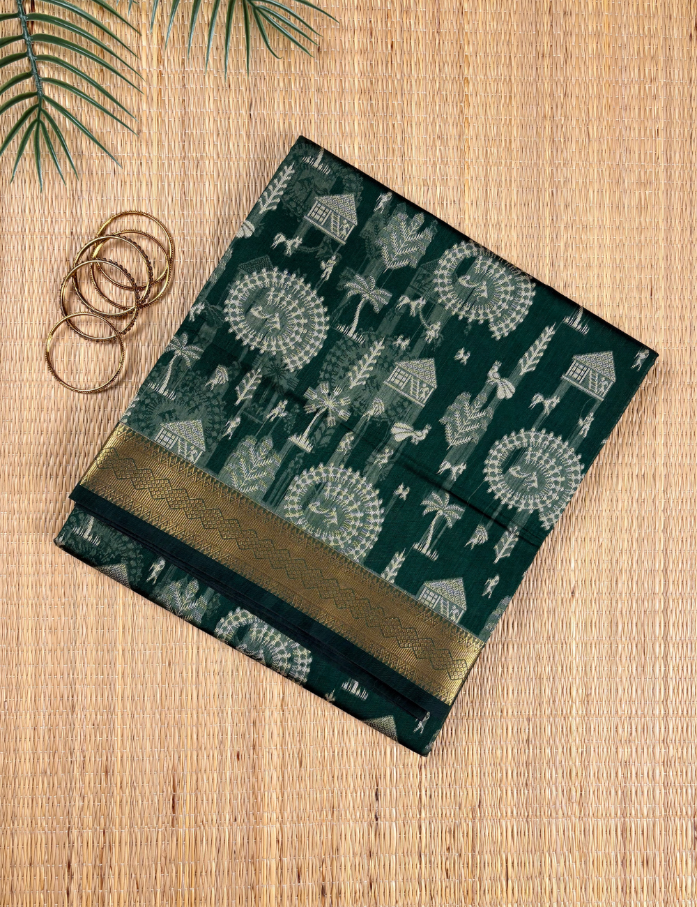 Forest Green Aranya Cotton Saree with Traditional Woven Border