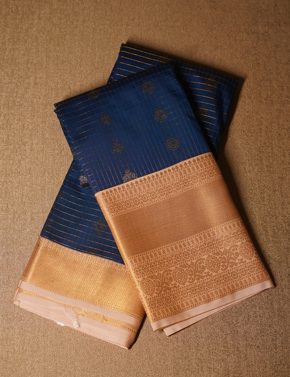 Ink Blue Checkered Soft Semi Silk Kanjivaram Saree with Cream Korvai Zari Border