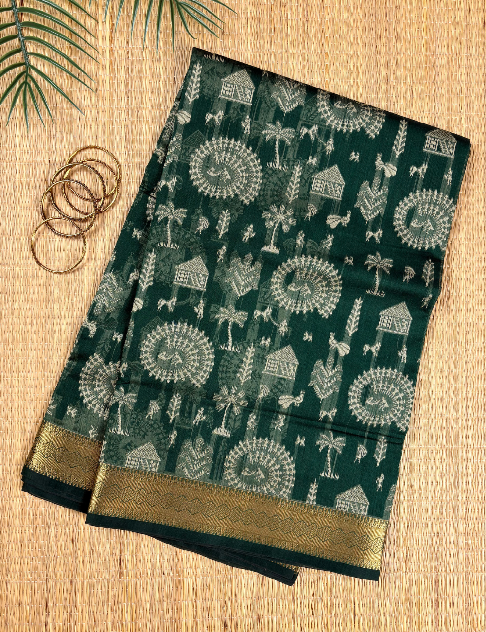 Forest Green Aranya Cotton Saree with Traditional Woven Border