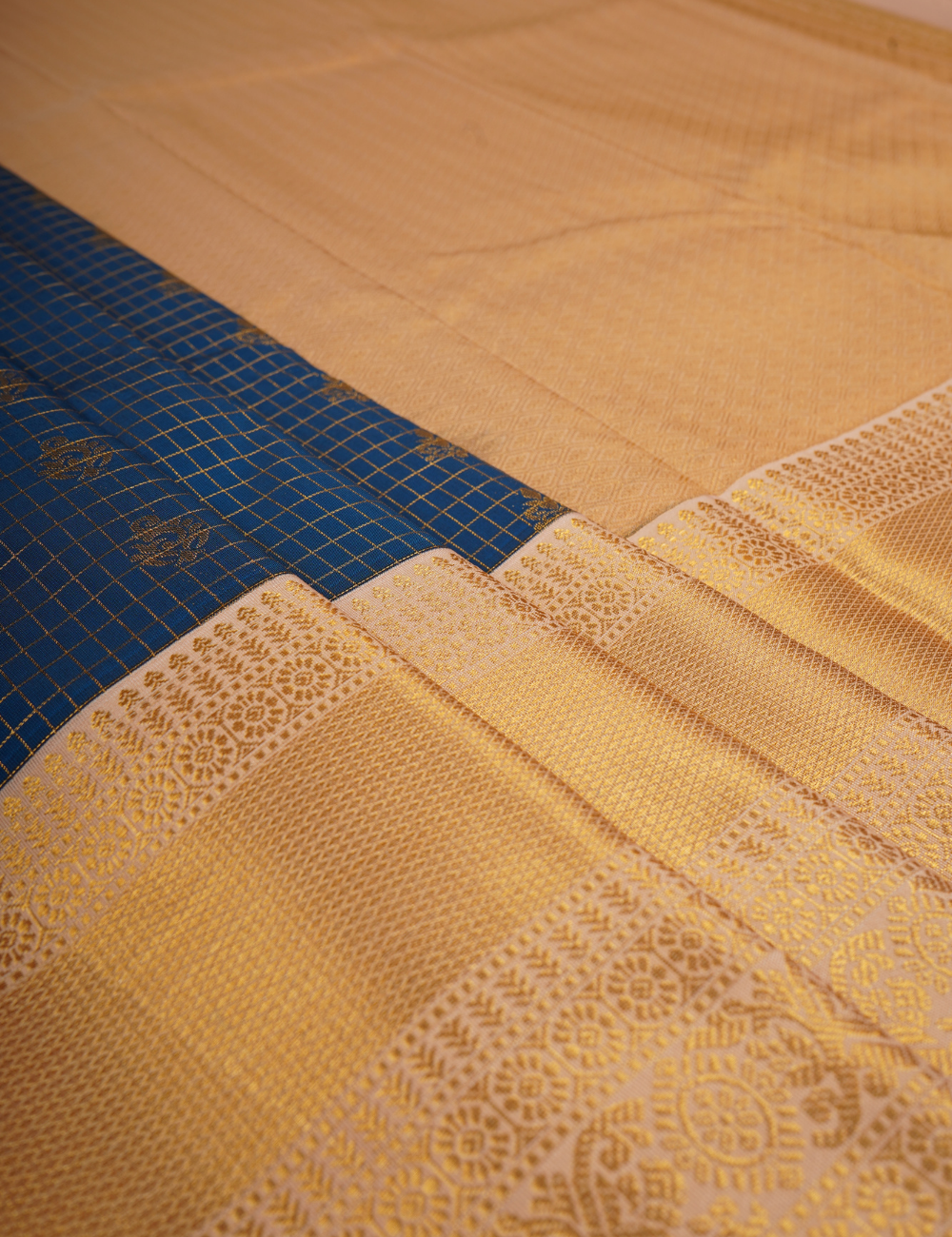 Ink Blue Checkered Soft Semi Silk Kanjivaram Saree with Cream Korvai Zari Border