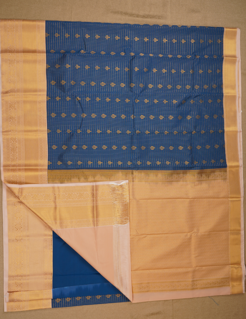 Ink Blue Checkered Soft Semi Silk Kanjivaram Saree with Cream Korvai Zari Border