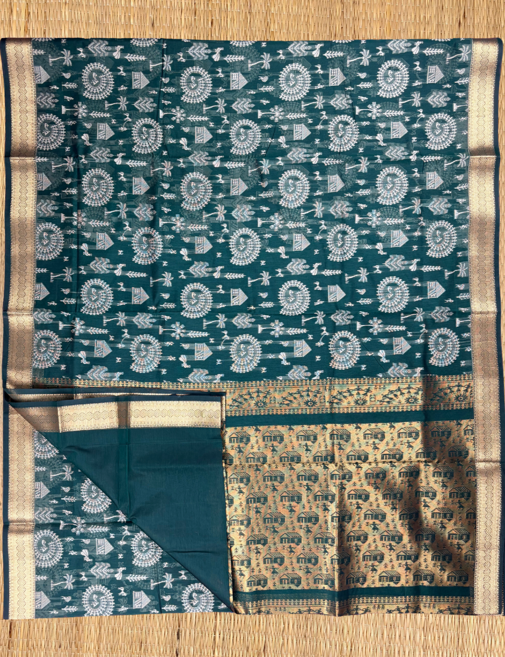 Forest Green Aranya Cotton Saree with Traditional Woven Border