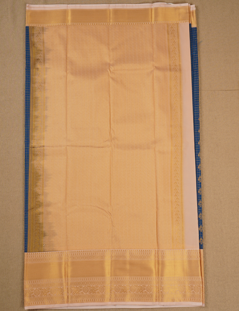 Ink Blue Checkered Soft Semi Silk Kanjivaram Saree with Cream Korvai Zari Border