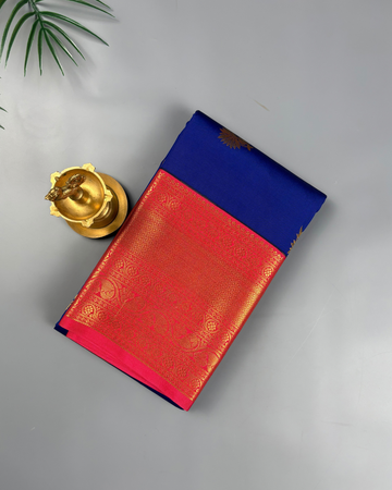 Royal Blue Ruby Soft Semi Silk Kanjivaram with Korvai Red & Gold Saree