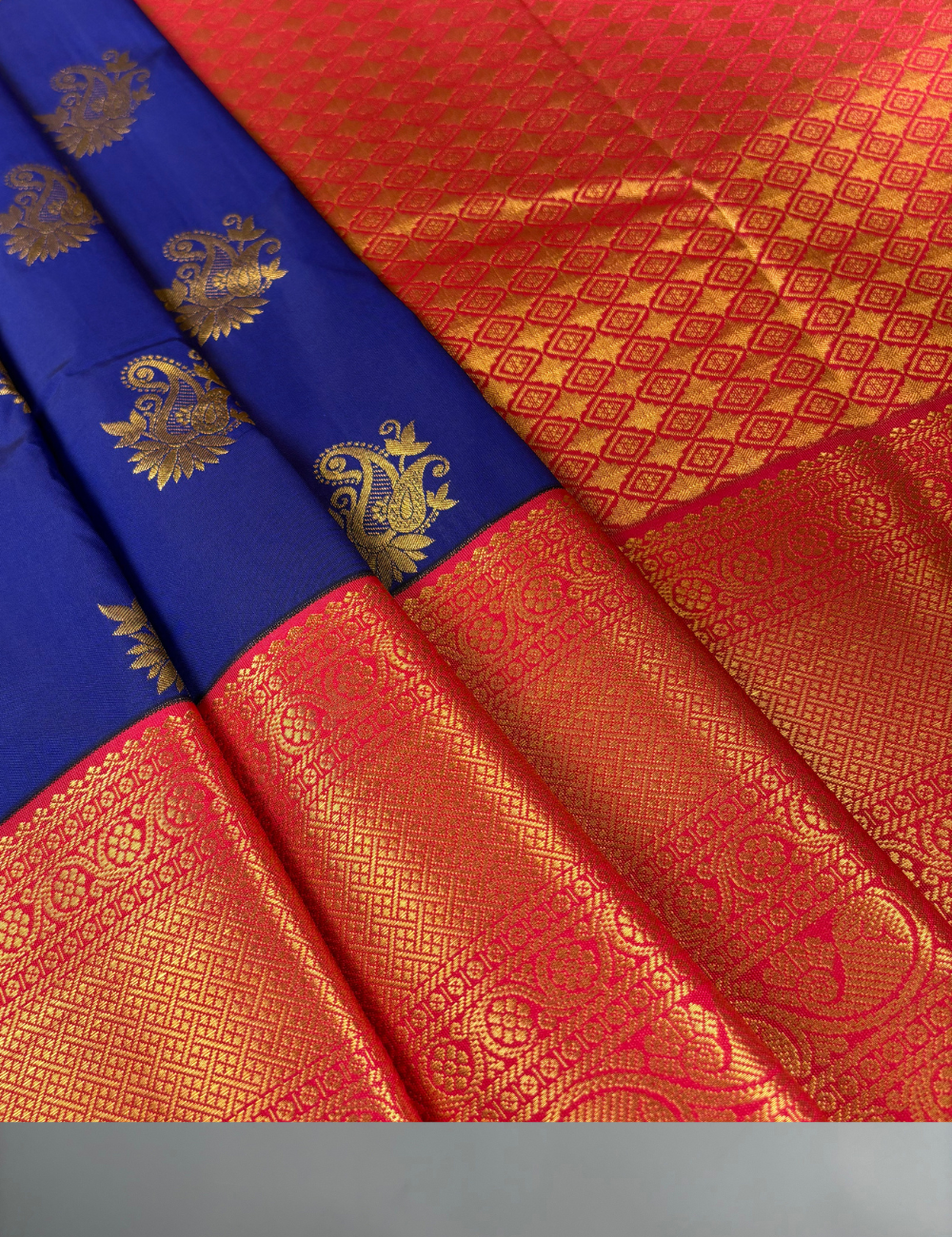 Royal Blue Ruby Soft Semi Silk Kanjivaram with Korvai Red & Gold Saree
