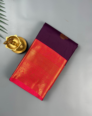 Plum Purple Soft Semi Silk Kanjivaram Saree with Korvai Red Pink Border