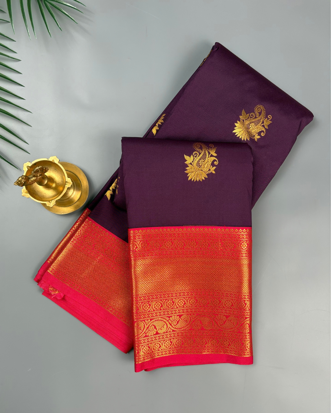 Plum Purple Soft Semi Silk Kanjivaram Saree with Korvai Red Pink Border