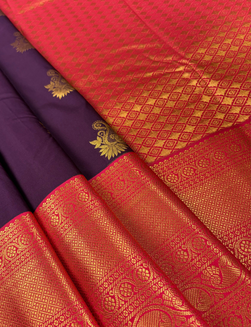 Plum Purple Soft Semi Silk Kanjivaram Saree with Korvai Red Pink Border