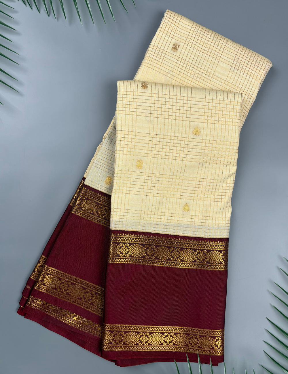 Ivory Soft Semi Silk Kanjivaram Saree with Maroon KorvaiZari Border