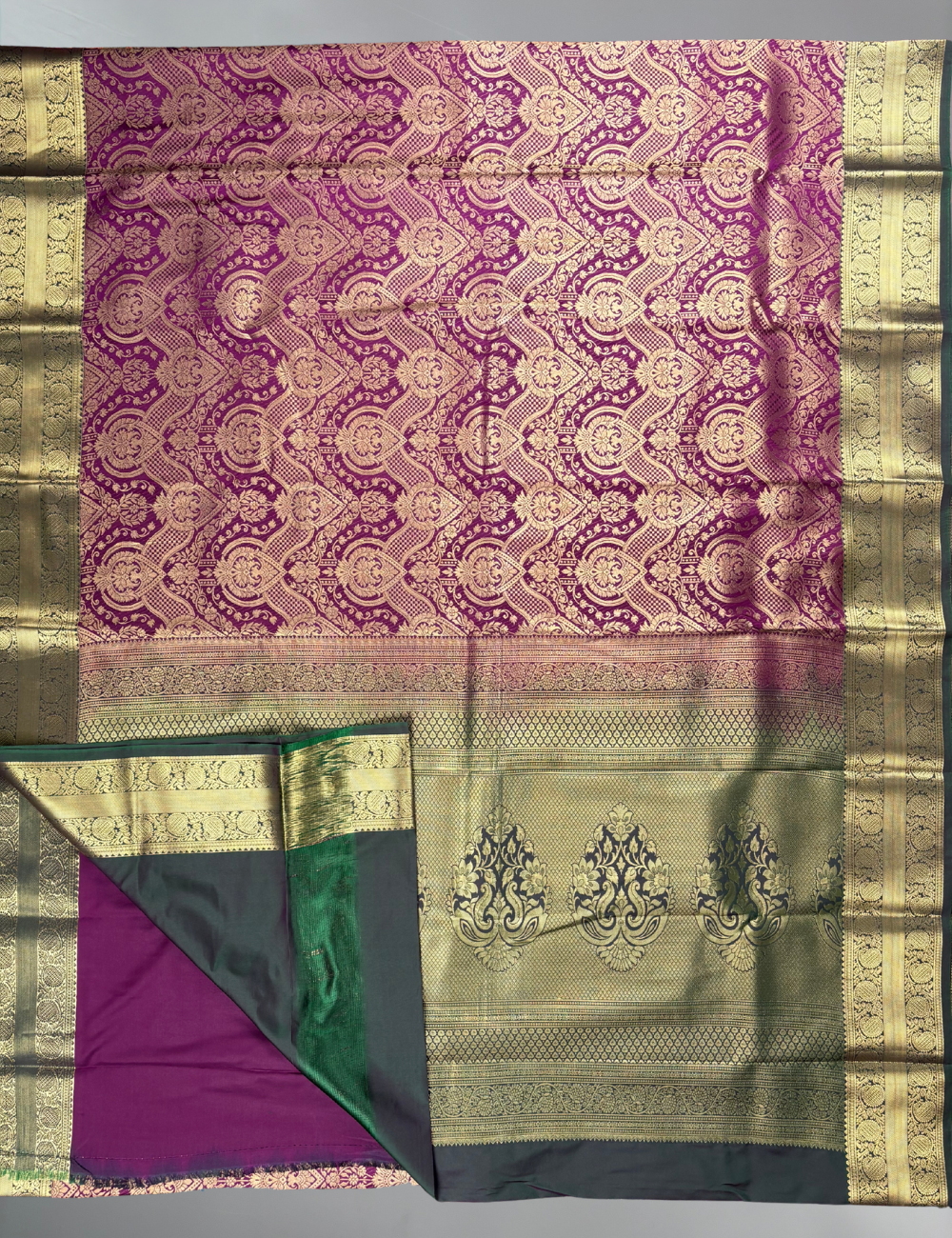 Dark Pink Brocade Lightweight Soft Semi Silk Saree with Antique Gold Zari Green Floral Border
