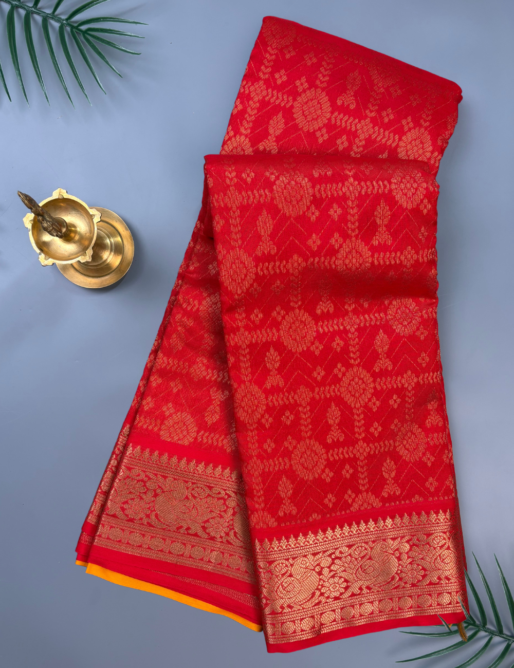 Vibrant Red Kanjivaram Silk Cotton Saree with Gold Floral Zari Weave