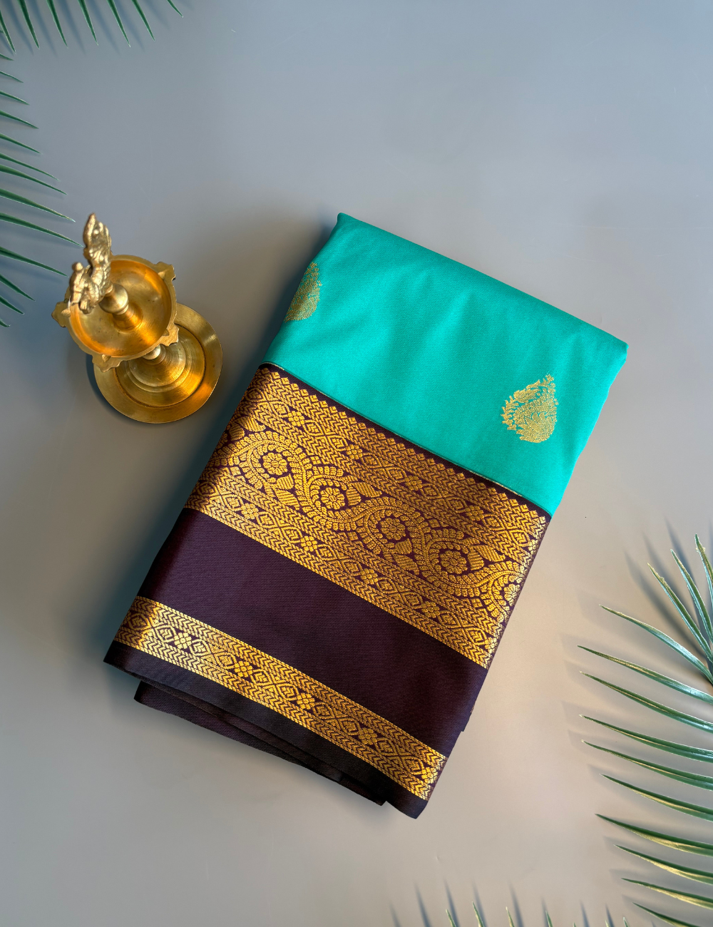 Rama Green Dark Purple Semi Silk Saree with Rich Golden Zari Border