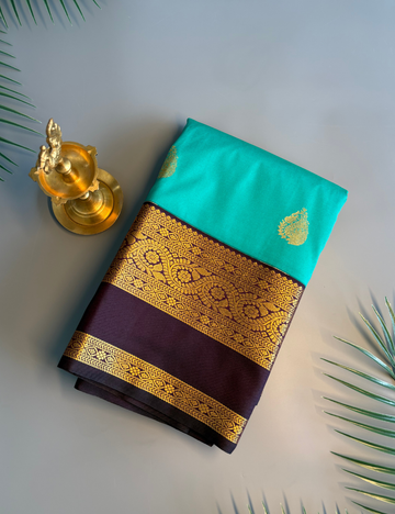 Rama Green Dark Purple Semi Silk Saree with Rich Golden Zari Border