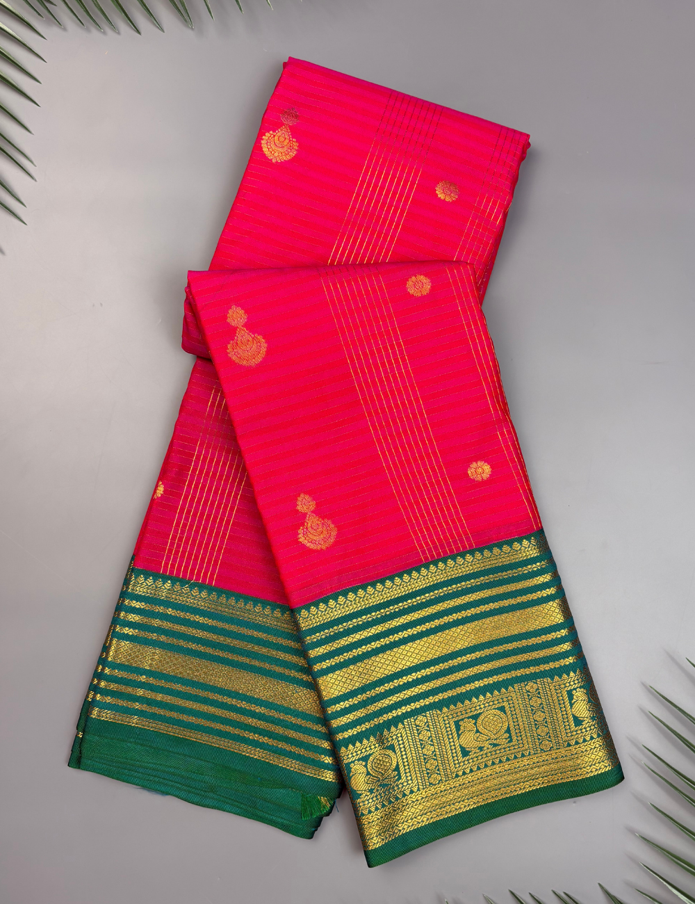 Rani Pink Soft Semi Silk Kanjivaram Saree with Korvai Emerald Green Border