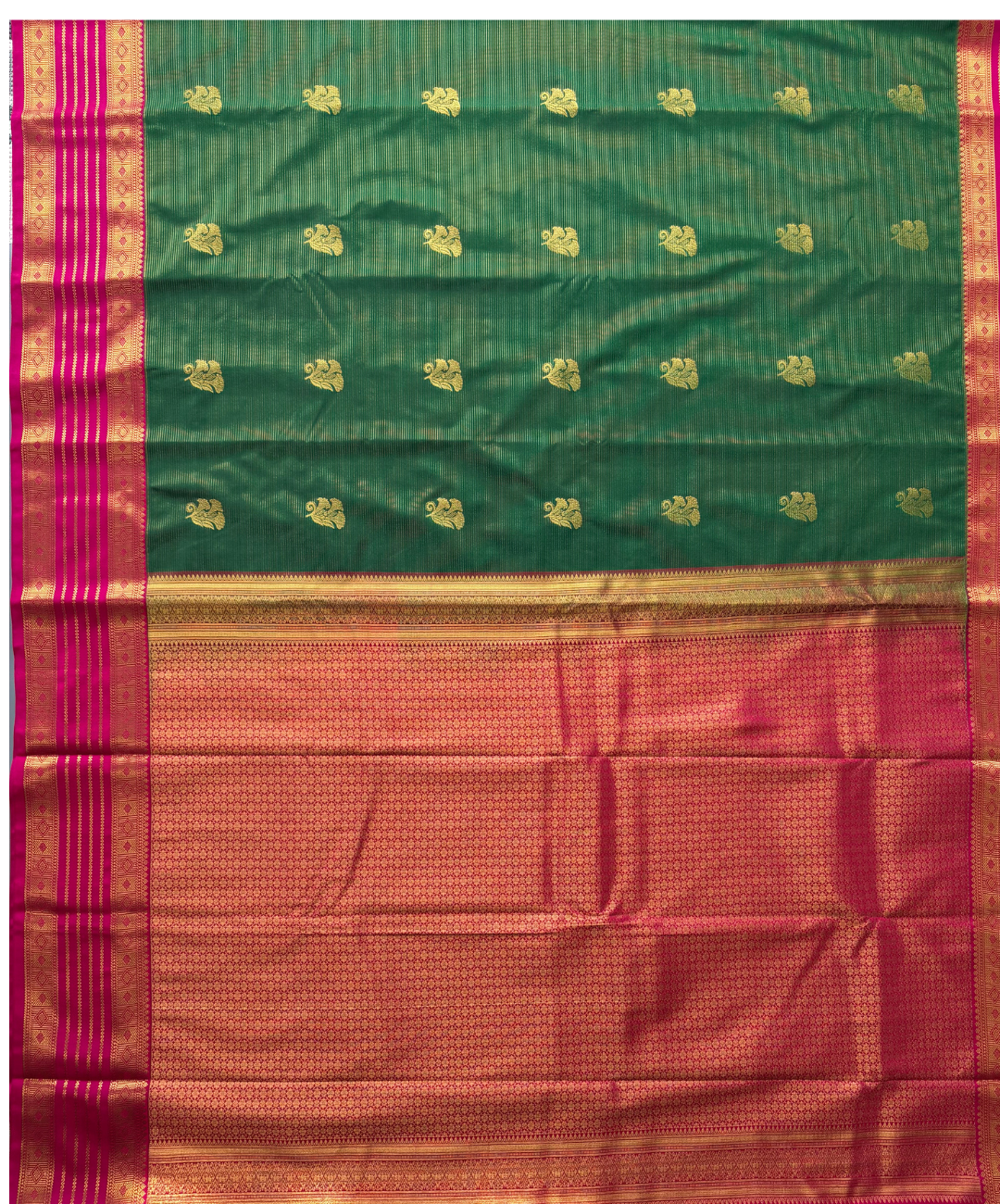 Emerald Green Soft Semi Silk Kanjivaram Saree with traditional Korvai Rani Pink Border