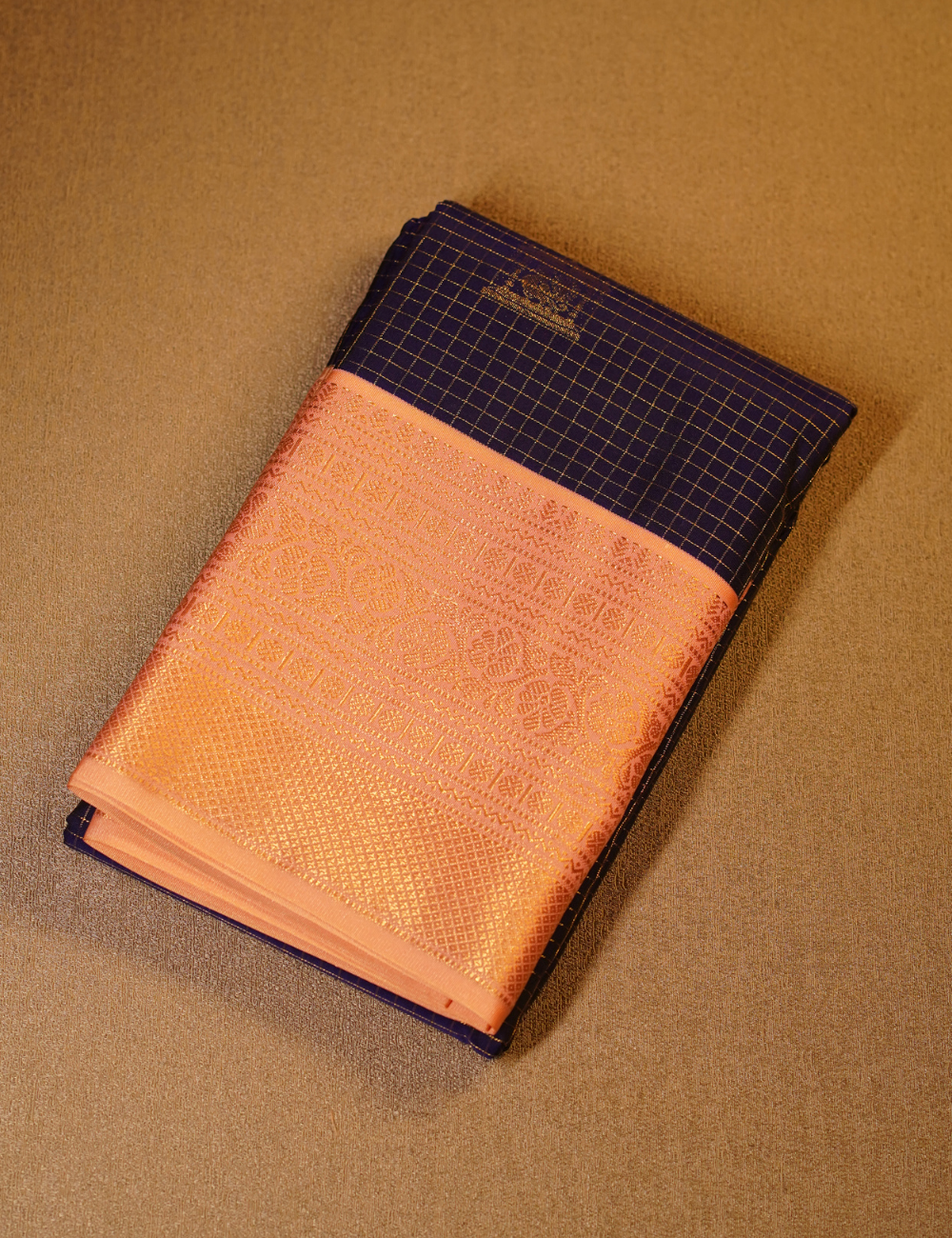 Navy Blue Soft Semi Silk Kanjivaram Saree with Peach Korvai Zari Border