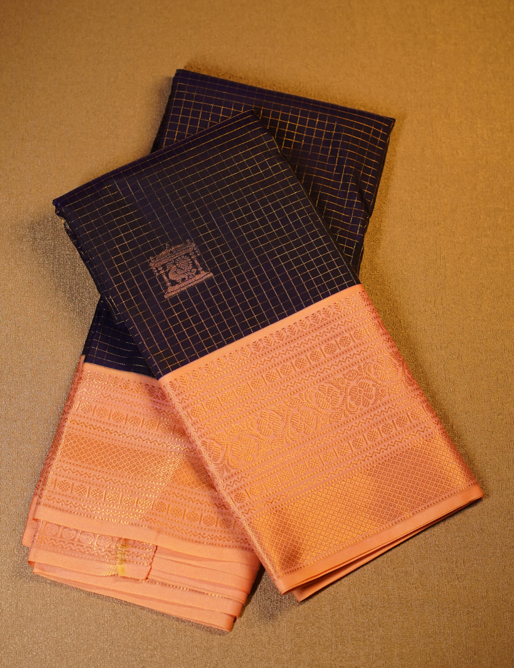 Navy Blue Soft Semi Silk Kanjivaram Saree with Peach Korvai Zari Border