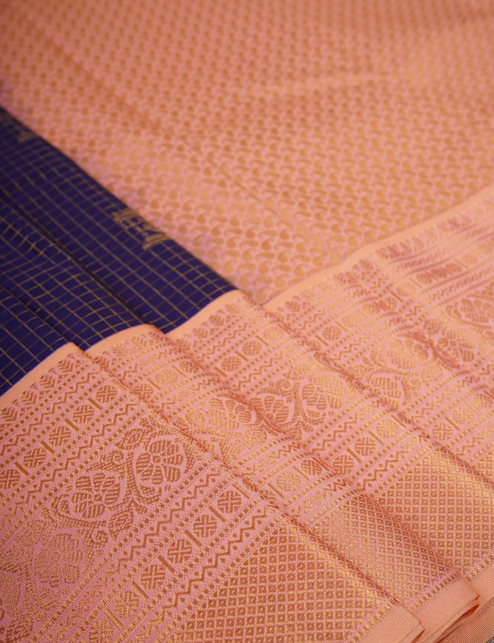 Navy Blue Soft Semi Silk Kanjivaram Saree with Peach Korvai Zari Border
