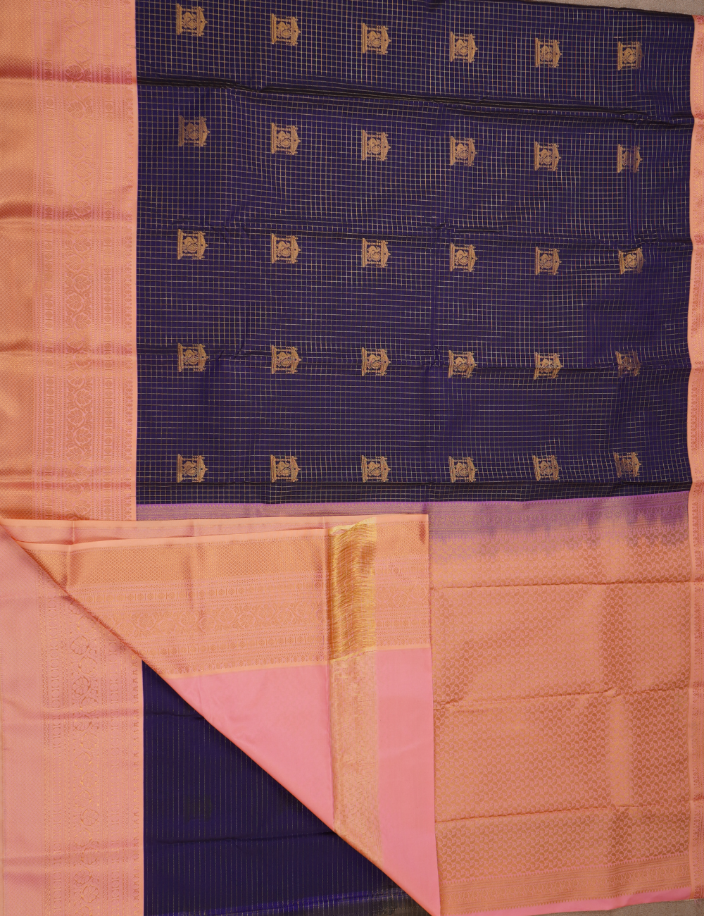 Navy Blue Soft Semi Silk Kanjivaram Saree with Peach Korvai Zari Border