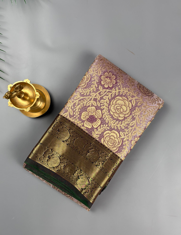 Lilac Soft Semi Silk Kanjivaram Saree with Antique Gold Floral Border