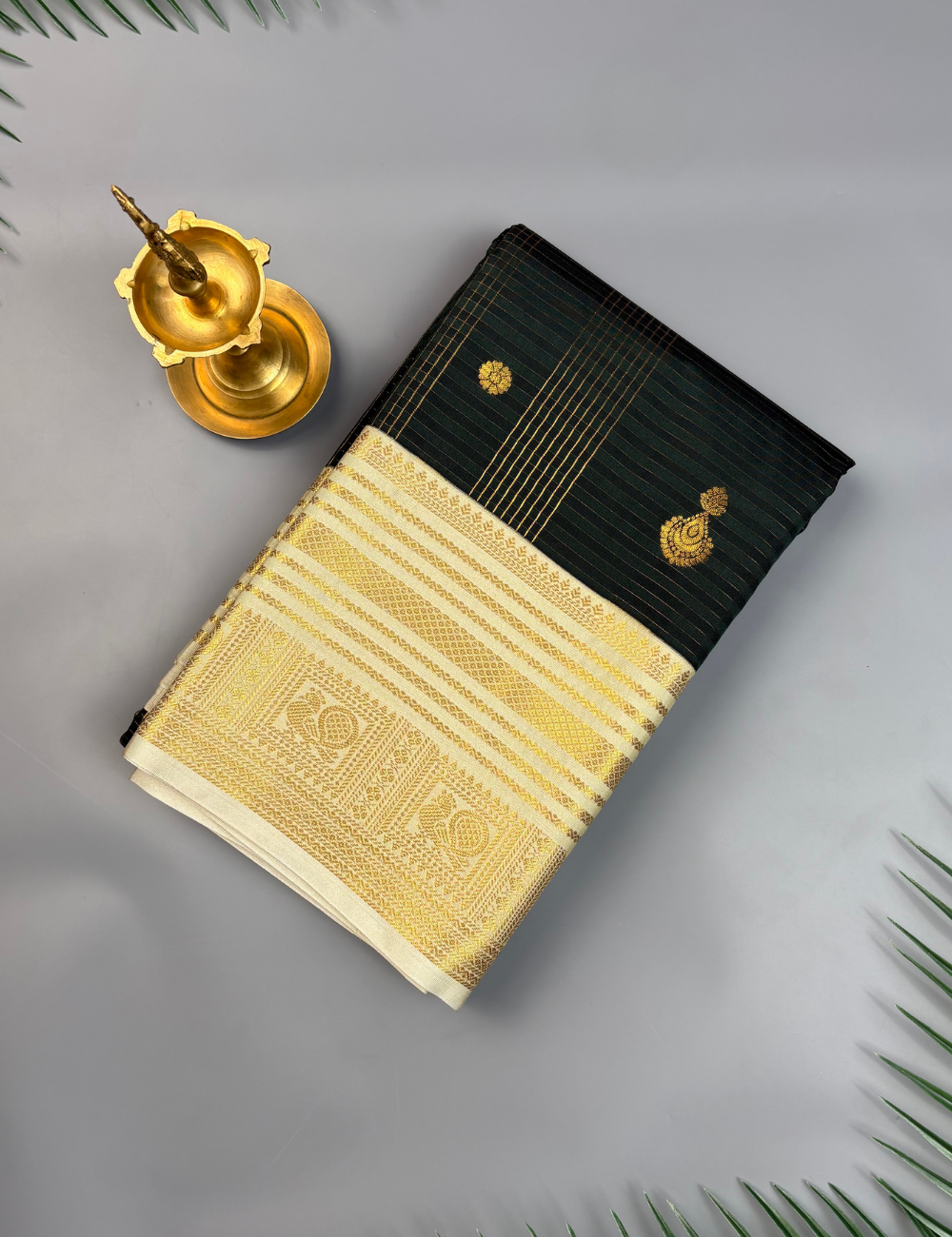 Deep bottle green soft semi silk kanjivaram saree with off white korvai border