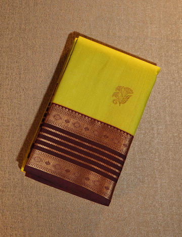 Lime Green Soft Semi Silk Kanchipuram Saree with Maroon Korvai Zari Border