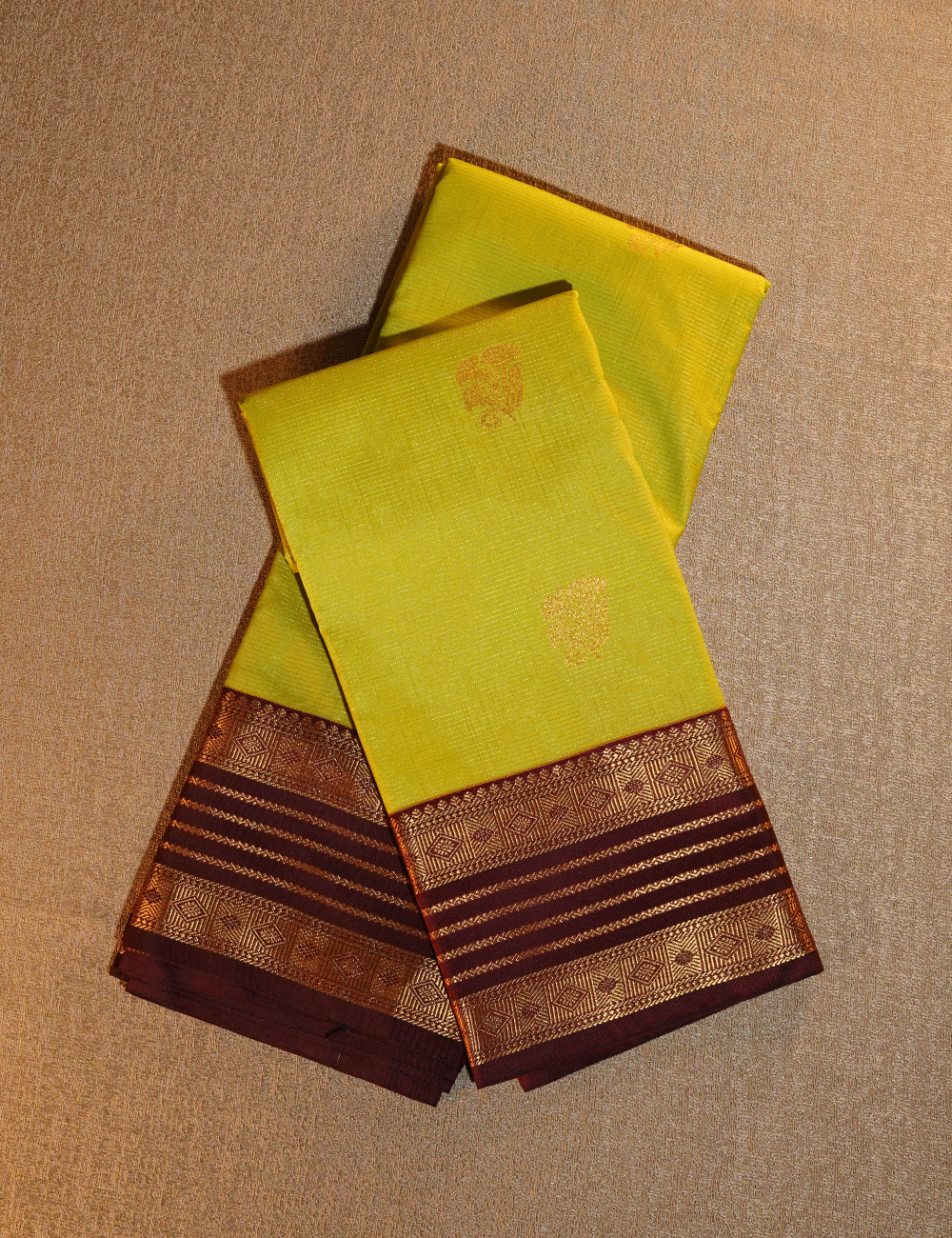 Lime Green Soft Semi Silk Kanchipuram Saree with Maroon Korvai Zari Border
