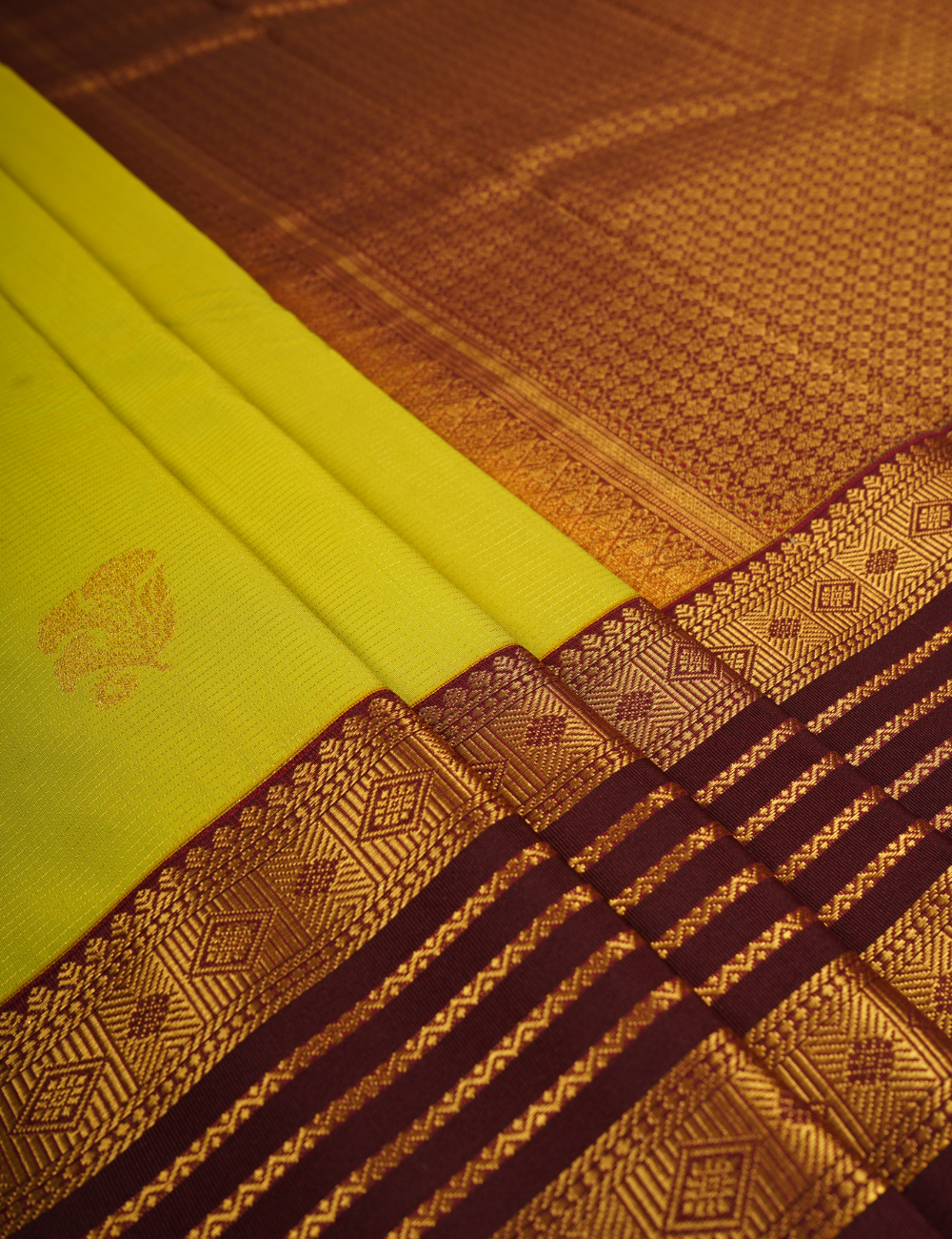 Lime Green Soft Semi Silk Kanchipuram Saree with Maroon Korvai Zari Border
