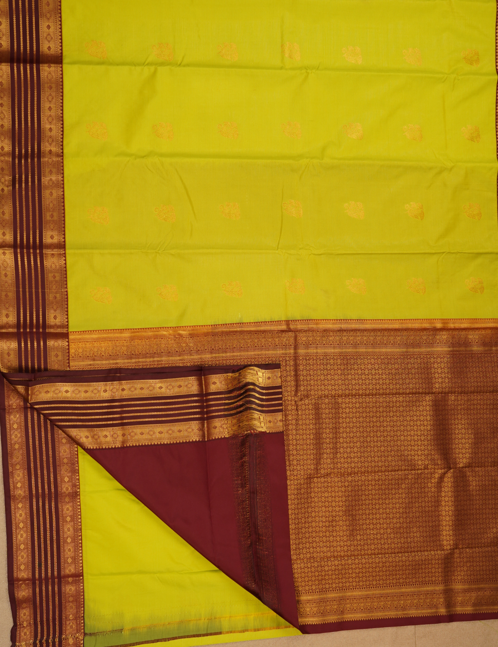 Lime Green Soft Semi Silk Kanchipuram Saree with Maroon Korvai Zari Border
